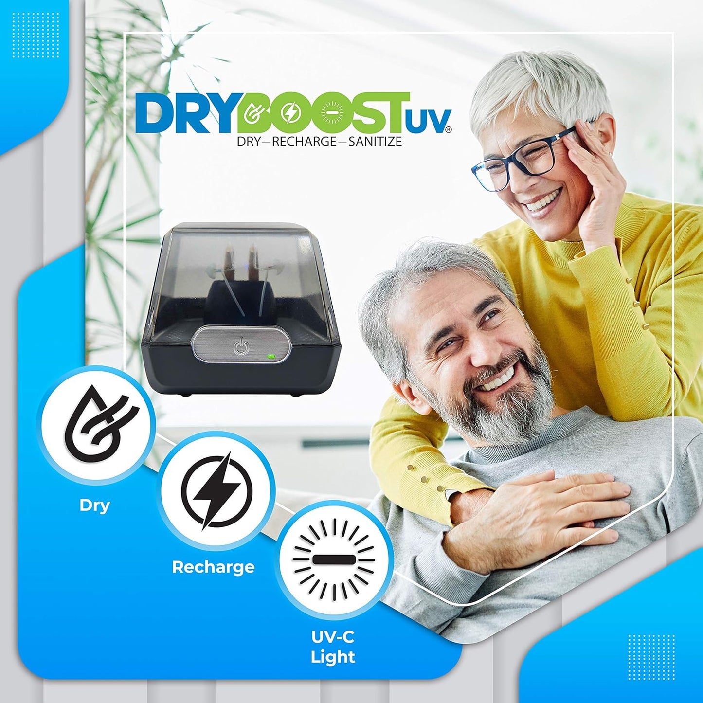 DryBoost UV by Dry & Store | Maintenance System for Your Rechargeable Hearing Aids or Amplifiers - The Perfect Combination of Drying, Sanitizing, and Charging