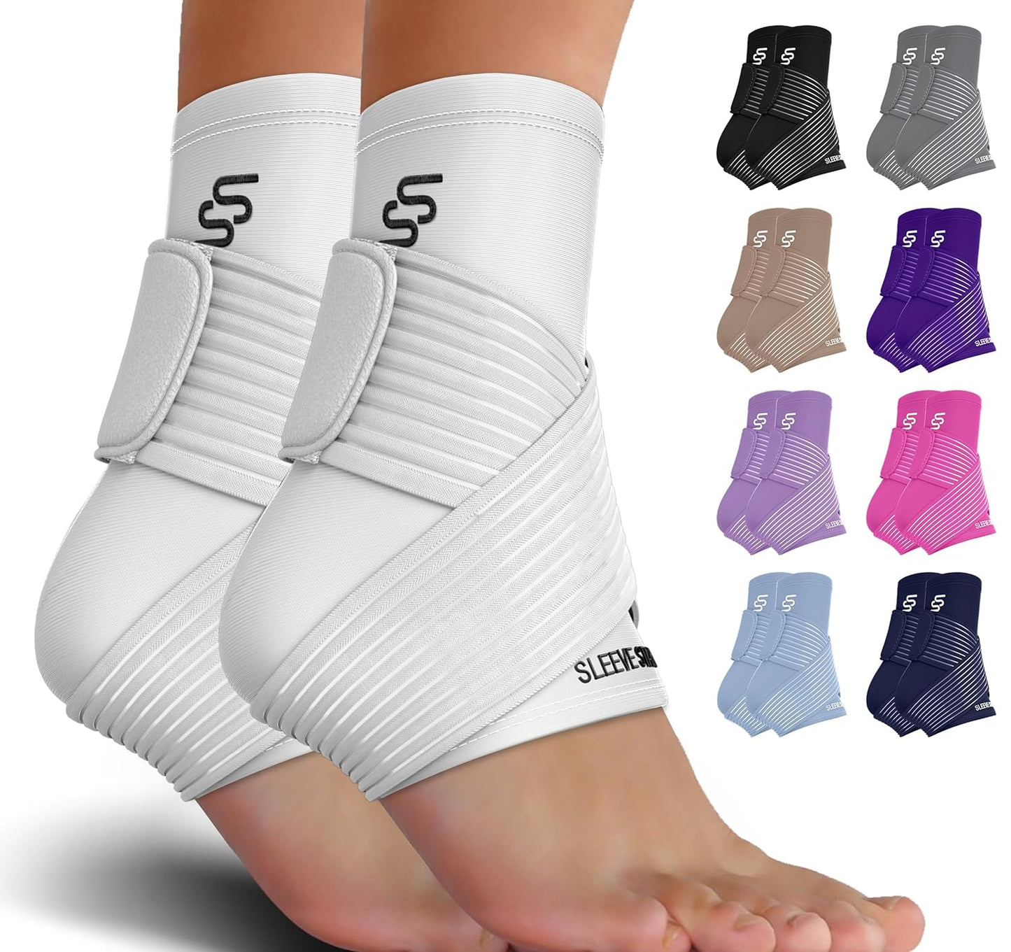 Sleeve Stars Ankle Brace for Women & Men, Achilles & Plantar Fasciitis Relief Compression Sleeve, Foot Brace with Ankle Support Strap, Heel Protector Wrap for Pain (Pair/White)