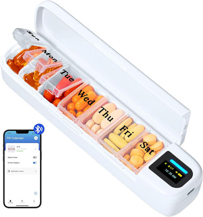 Daviky Smart Pill Organizer with Alarm, Bluetooth Daily Once a Day Pill Box 7 Day with APP, Weekly Travel Pill Case, Portable Pill Reminder for Medicines, Supplements and Vitamins (White)