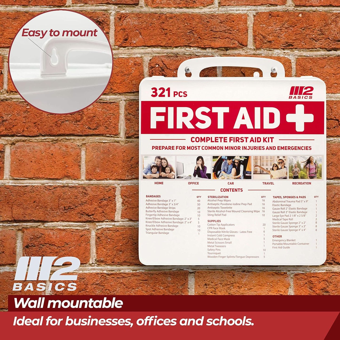 M2 BASICS Complete 321 Piece Emergency First Aid Kit | Business & Home Medical Supplies | Wall Mountable Hard Case | Office, Car, Travel, School, Camping, Hunting, Sports